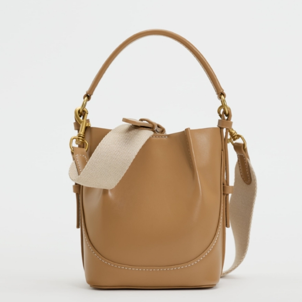 Zara mini bucket bag topstiched purse NWT tan beige fall trend